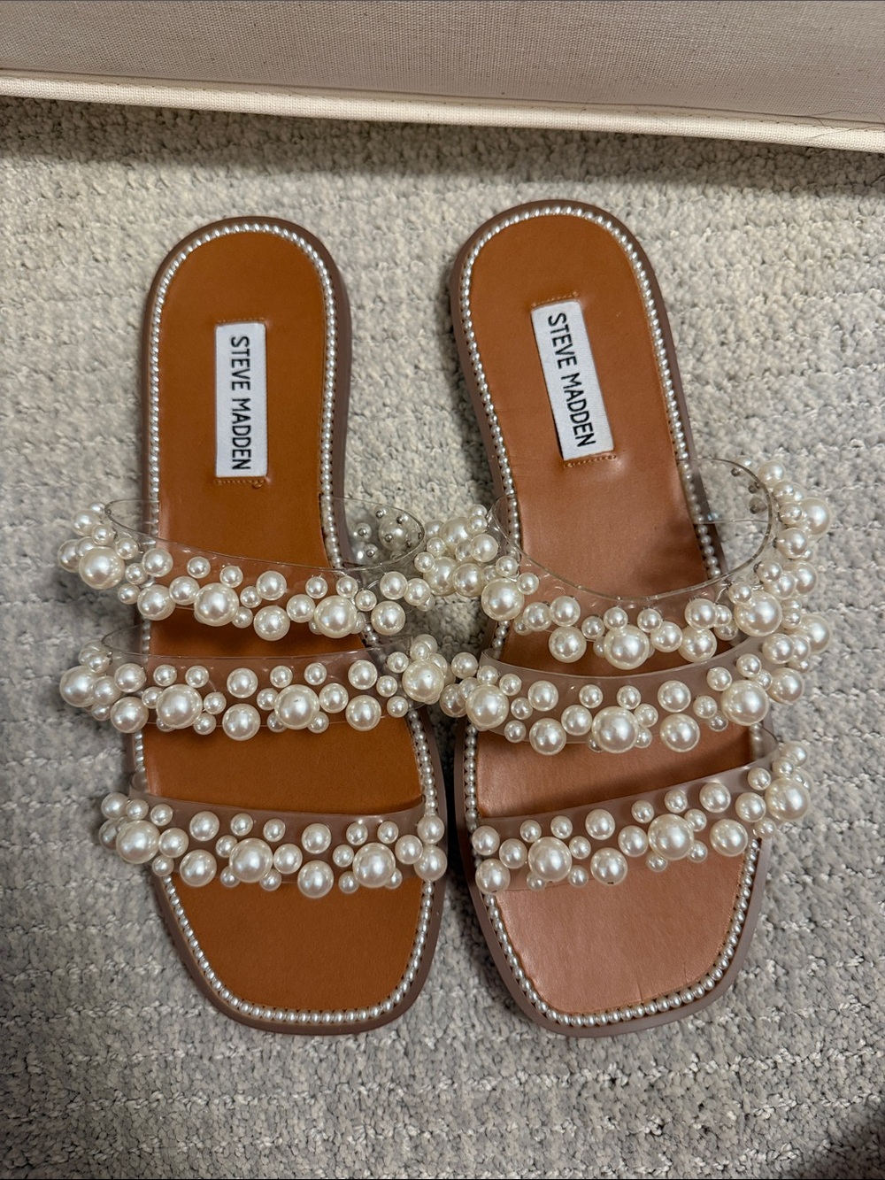 Steve Madden Tan Slide Sandals with Pearl-Strap Detail